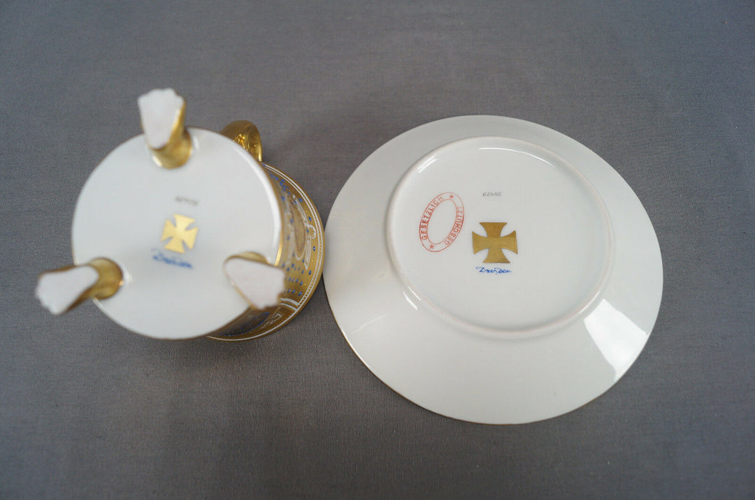 Dresden Hand Painted Wilhelm I Portrait Gold & Jeweled Empire Form Cup & Saucer