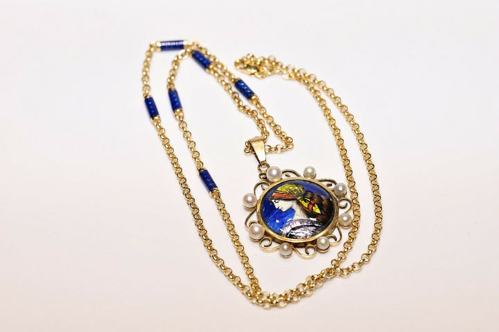 ヴィンテージ 14K エナメル パール 女性像のネックレス