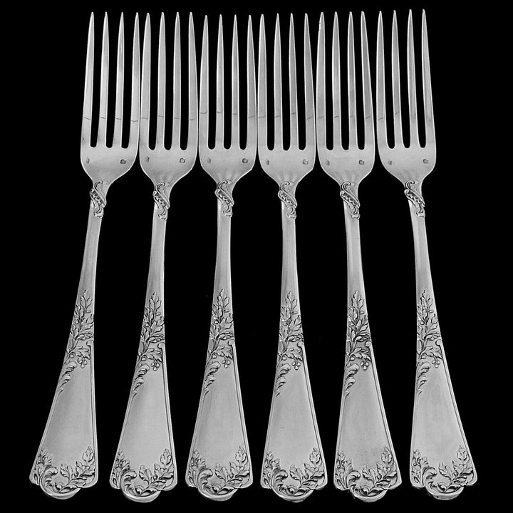 Puiforcat French Sterling Silver Dinner Flatware Set 12 Pc Foliage