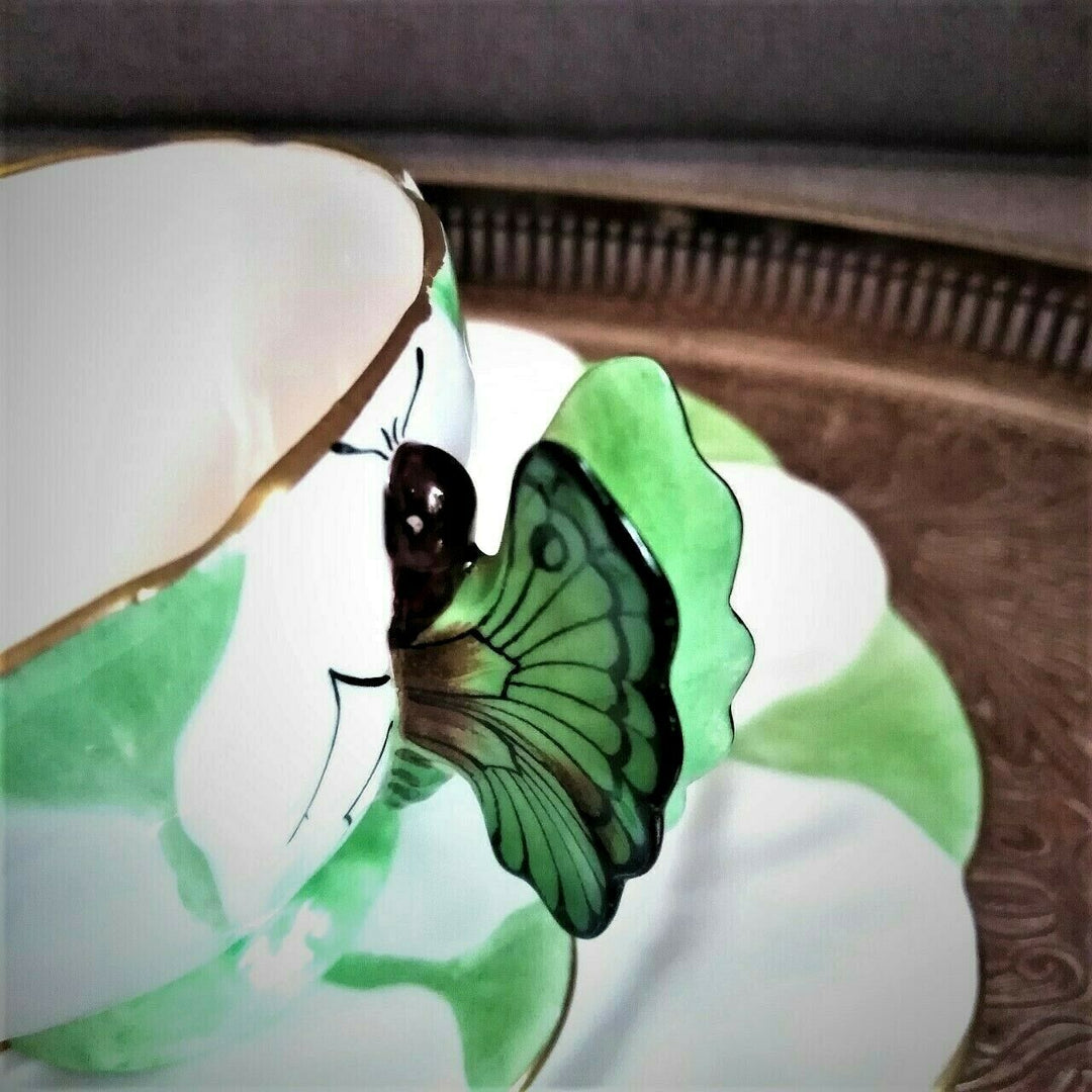 RARE Green & White Aynsley Butterfly handle Art Deco Teacup Saucer Side Plate
