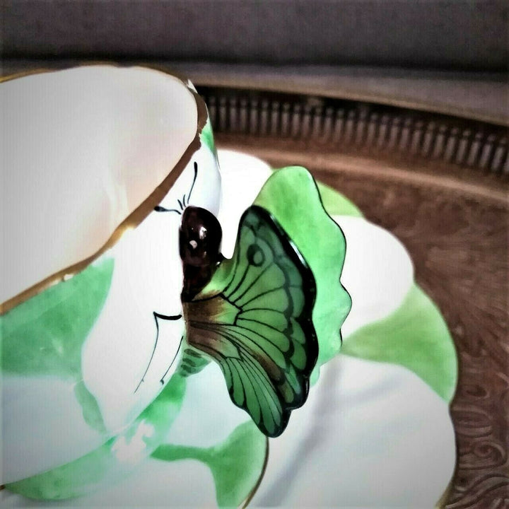 RARE Green & White Aynsley Butterfly handle Art Deco Teacup Saucer Side Plate