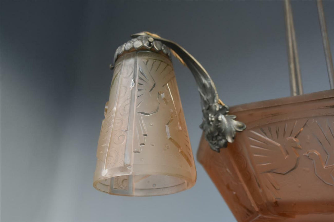 Lustre à tulipes années 1930 Art déco verre moulé Muller Frères