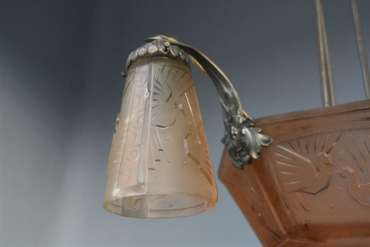 Lustre à tulipes années 1930 Art déco verre moulé Muller Frères