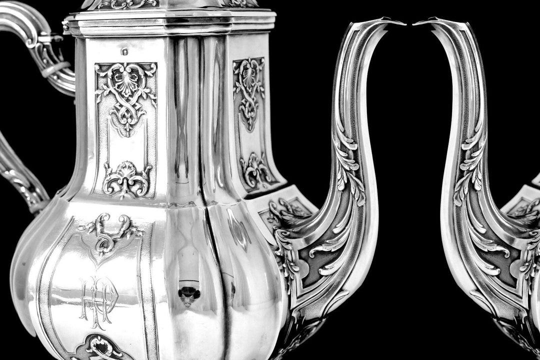 Puiforcat French Sterling Silver 18k Gold Tea, Coffee Set 4 pc, Regency