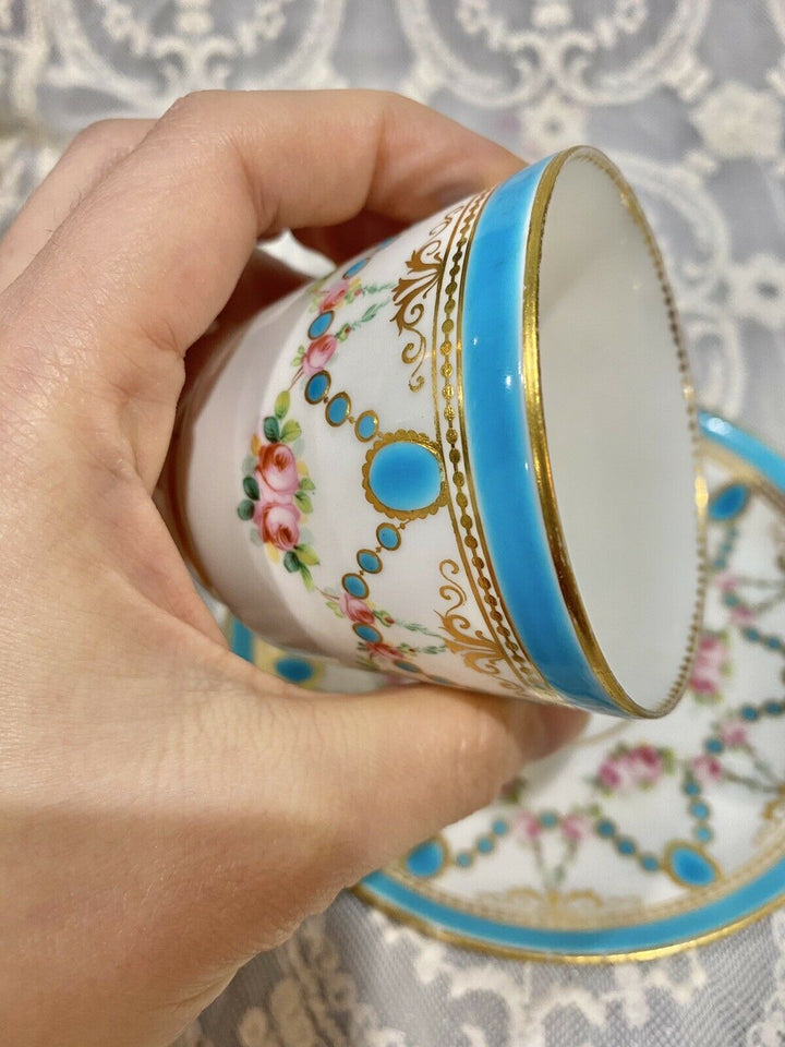 Minton Hand Painted Turquoise Rose Gold Enamel Tea Cup Saucer Set