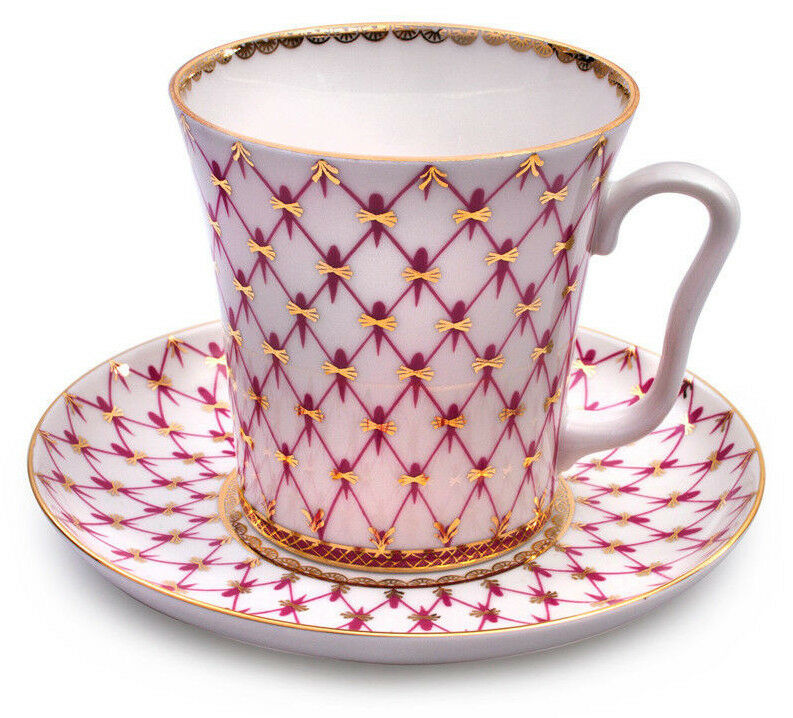 Net Blues Pink Mug & Saucer Lomonosov Russian Imperial Porcelain Teacup 12 fl oz