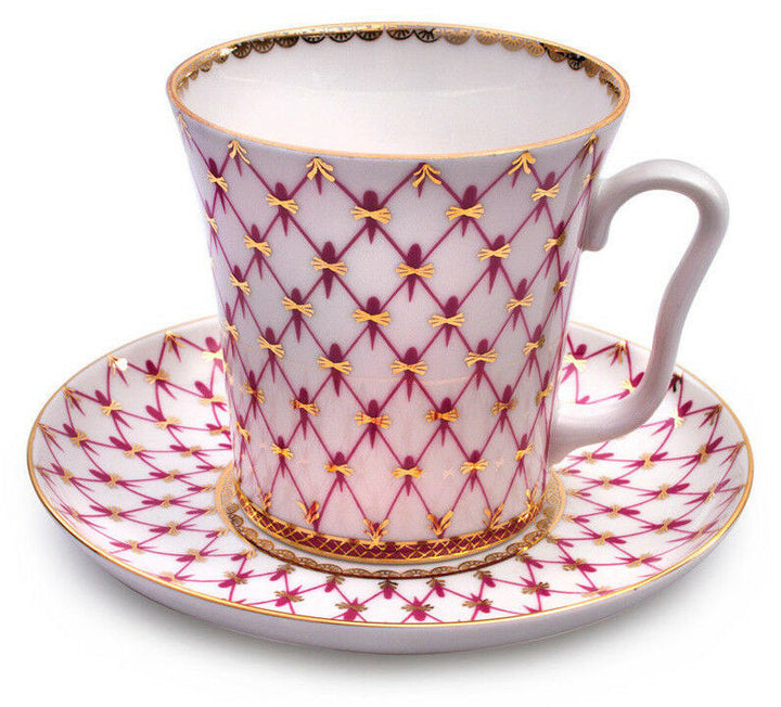 Net Blues Pink Mug & Saucer Lomonosov Russian Imperial Porcelain Teacup 12 fl oz