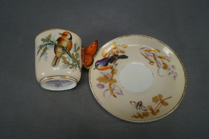 ロイヤルウースター＆ティファニー、エナメル彩色の鳥と虫、アイボリー、蝶の取っ手のカップ