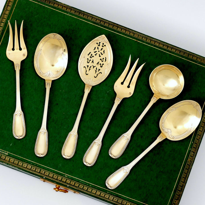 Puiforcat French Sterling Silver 18k Gold Dessert Hors D'oeuvre Set 6 Pc, Box
