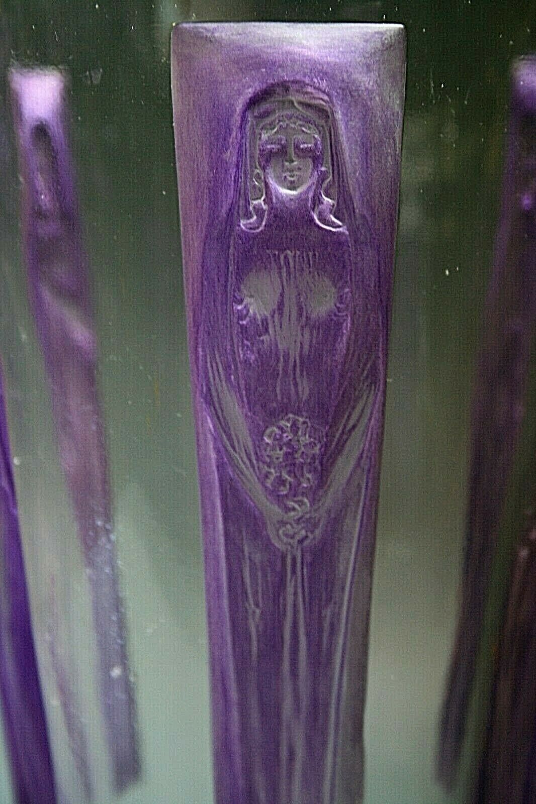 RENE LALIQUE " SIX FIGURINES " GLASS VASE WITH PURPLE PATINA