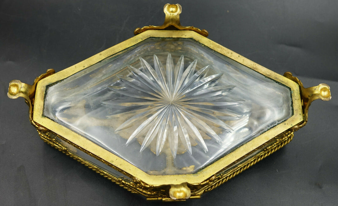 Louis XV French Baccarat Jewelry Box Crystal Ormolu Dore Bronze Rhombus Shaped