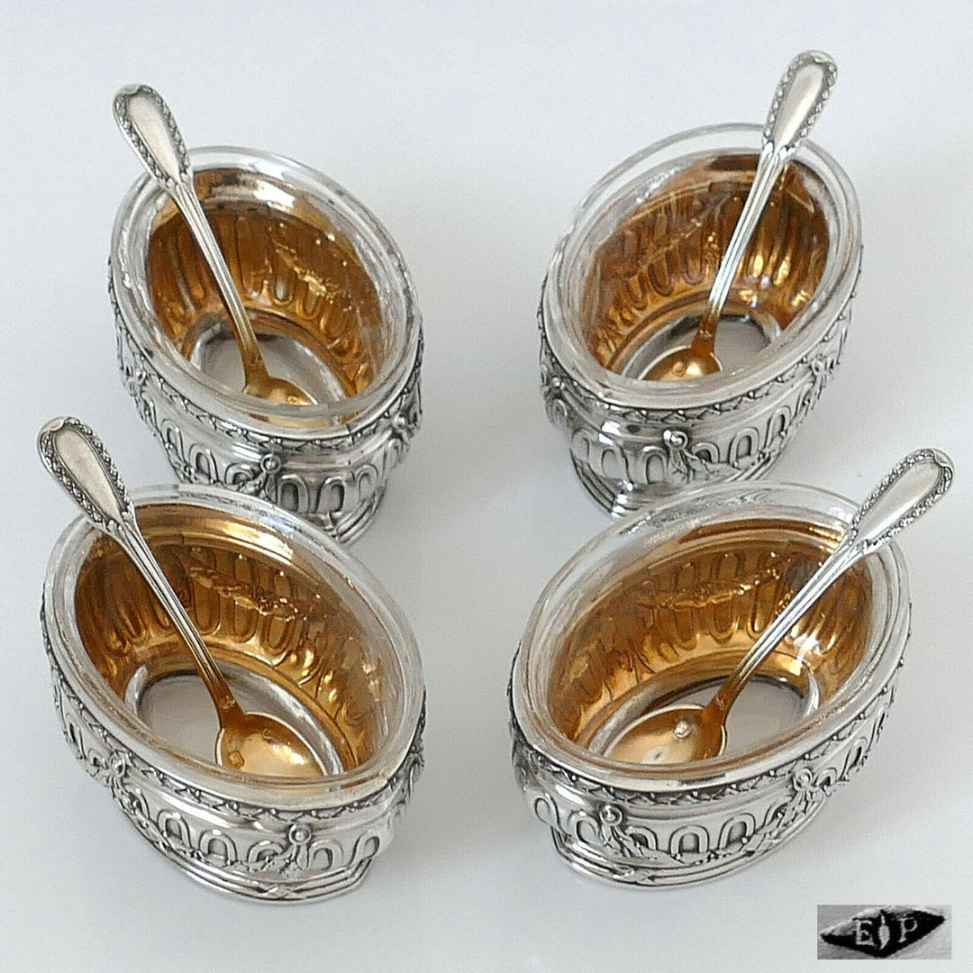 Puiforcat French Sterling Silver 4 Salt Cellars, Spoons, Box, Neoclassical