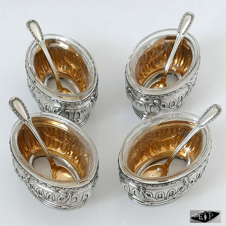 Puiforcat French Sterling Silver 4 Salt Cellars, Spoons, Box, Neoclassical