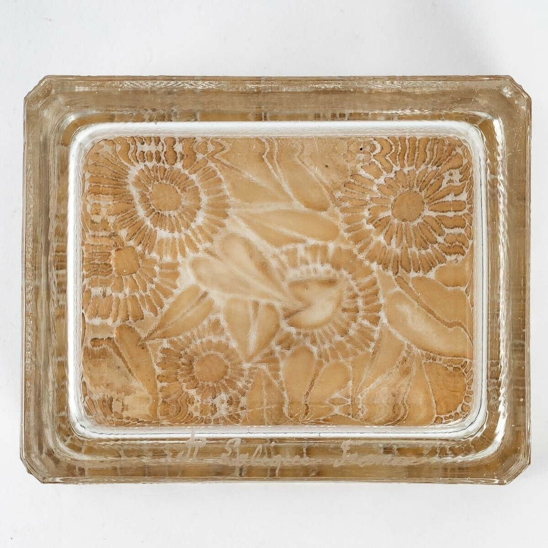 Boite Zinnias Verre Patiné Sépia René Lalique Stained Flowers Box Jar R.Lalique
