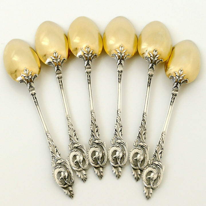 Canaux French Sterling Silver 18k Gold Coffee Dessert Spoons Set, Box, Dragon