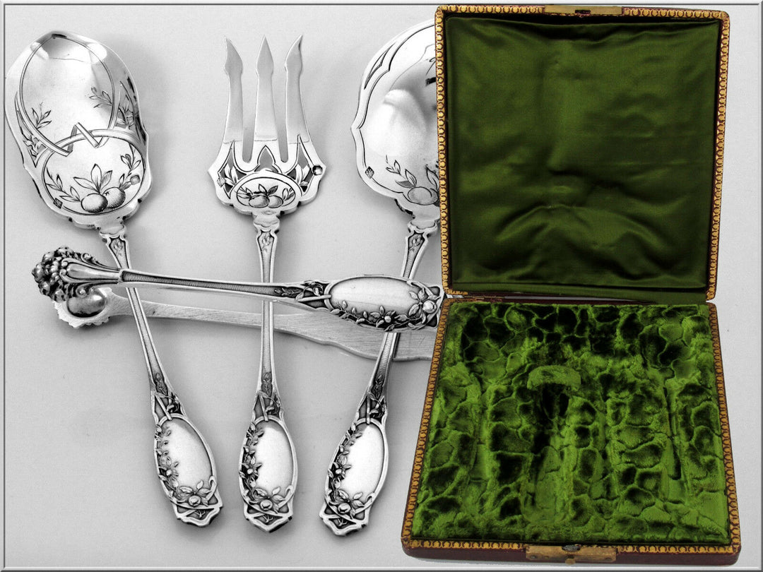 Coignet French All Sterling Silver Dessert Hors D'oeuvre Set 4 Pc, Box, Apples