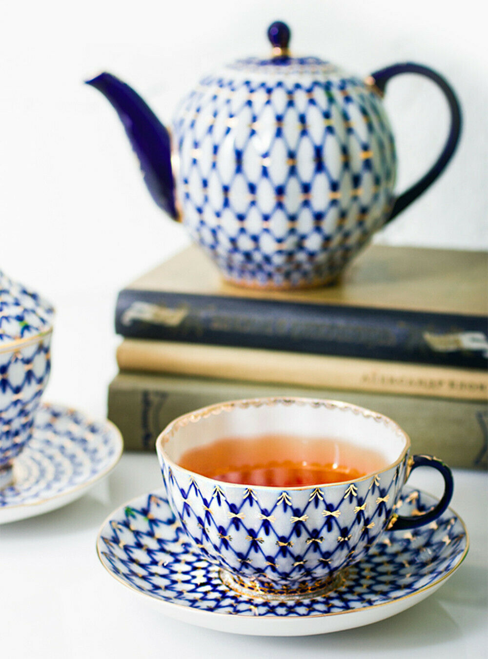 Cobalt Net Teacup, Saucer, Plate Set by Imperial Porcelain Russian Lomonosov LFZ