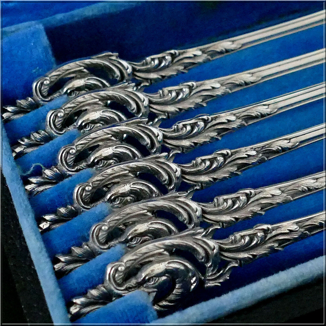 Canaux French Sterling Silver 18k Gold Coffee Dessert Spoons Set, Box, Dragon
