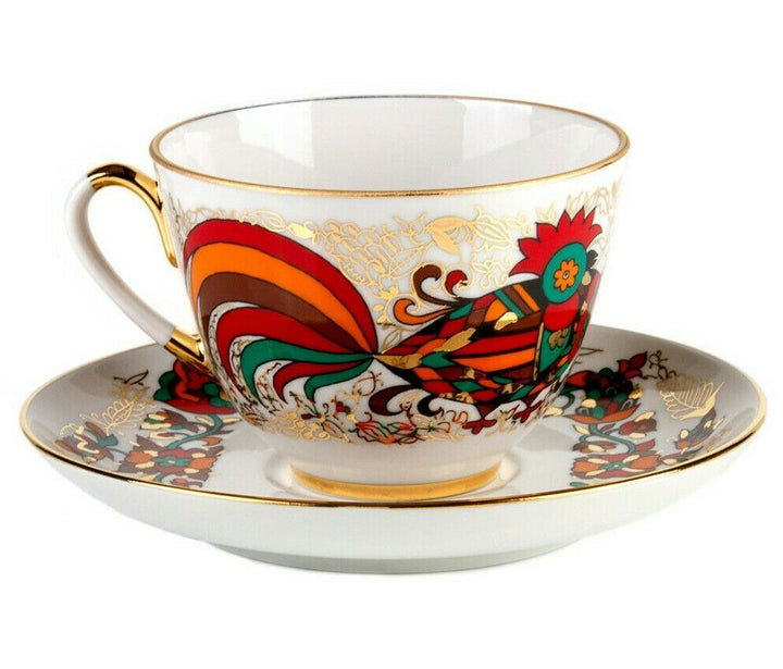 Red Rooster TeaCup & Saucer Imperial Porcelain Lomonosov Bone China