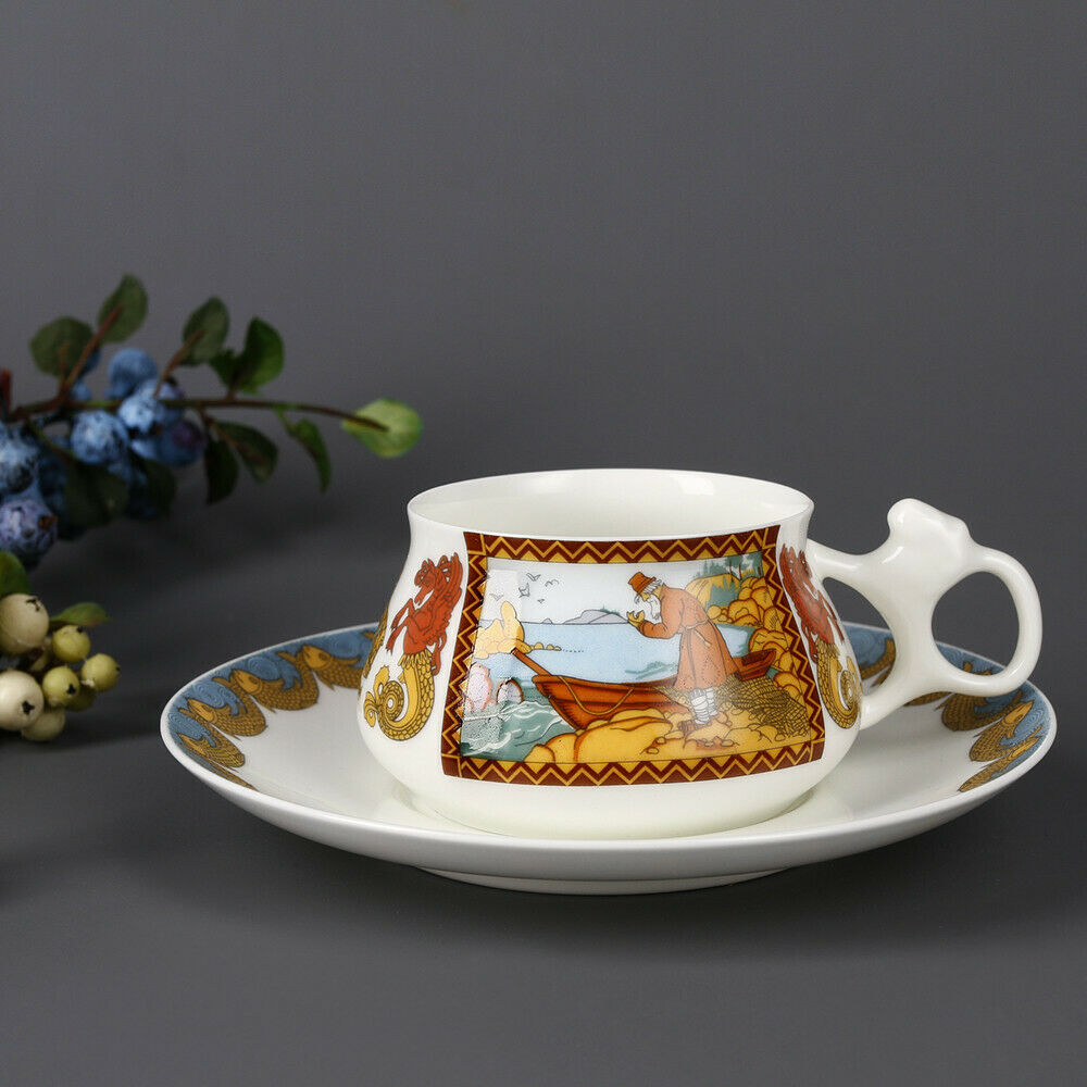 Imperial Porcelain Teacup & Saucer TALE OF THE FISHERMAN AND FISH, LOMONOSOV