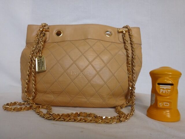 AUTH CHANEL VINTAGE BEIGE CLASSIC LAMBSKIN TOTE SHOULDER BAG