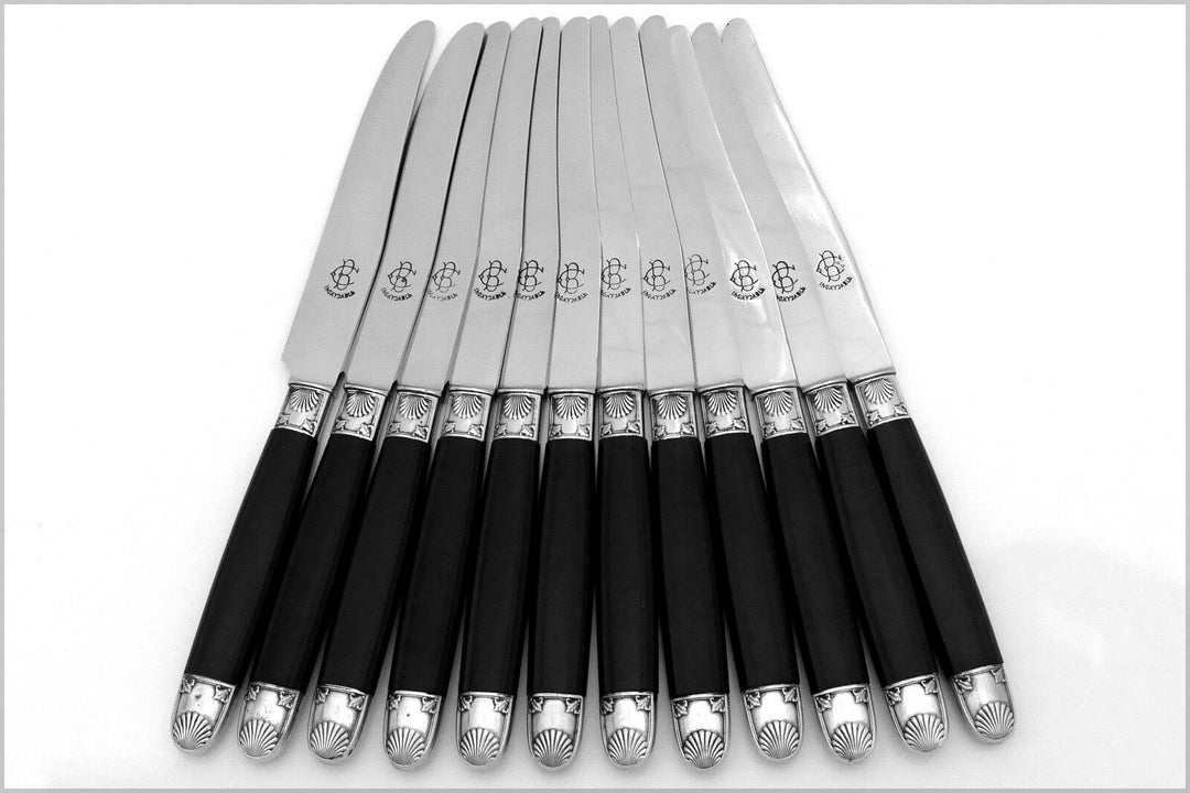 Antique French Silver & Carved Ebony Dinner Knife Set 12 pc w/box, Shell