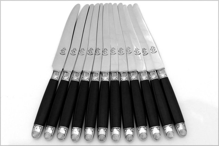 Antique French Silver & Carved Ebony Dinner Knife Set 12 pc w/box, Shell