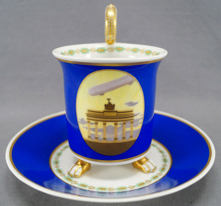 KPM Berlin WWI Brandenburg Gate & Zeppelin Cobalt Empire Cabinet Cup & Saucer