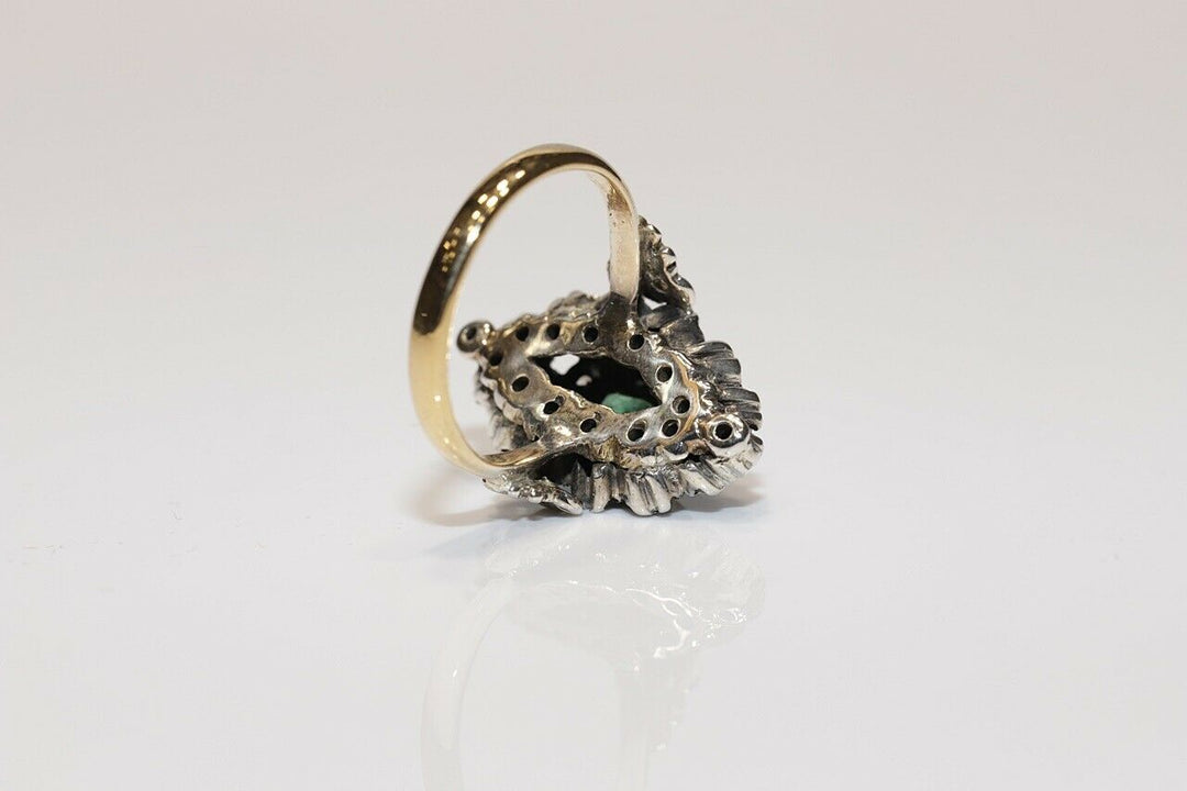 アンティーク ヴィクトリアン 18K ナチュラルローズカットダイヤモンドとエメラルドのナヴェットリング