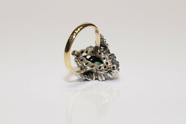 アンティーク ヴィクトリアン 18K ナチュラルローズカットダイヤモンドとエメラルドのナヴェットリング
