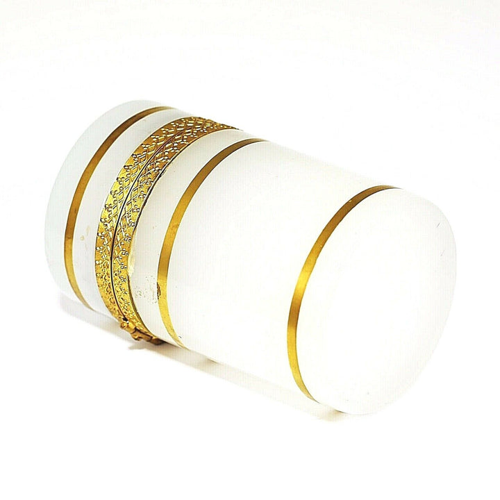 Vintage French trinket or jewelry BOX opaline glass w/ gold bands and hinged lid