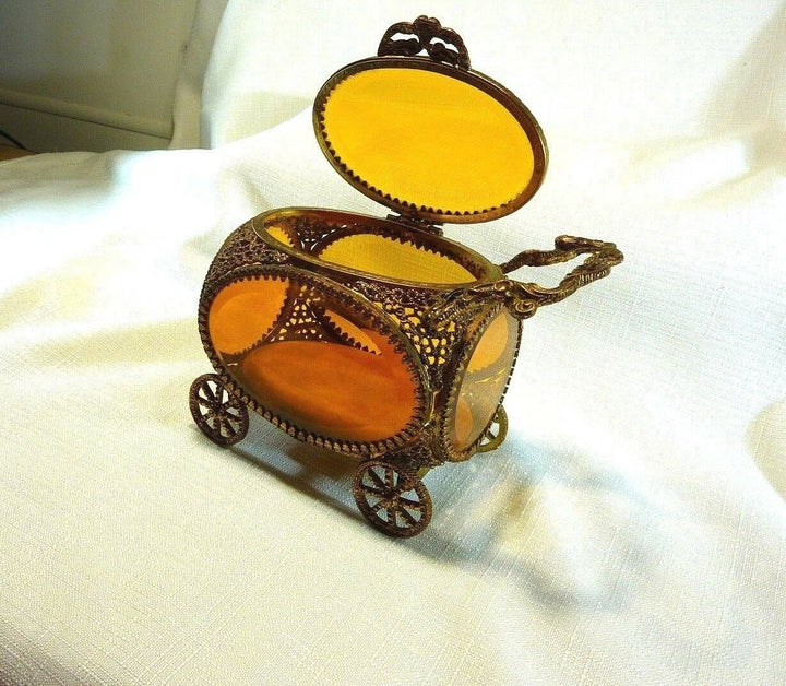Vintage Ormolu 24k Gold Plate Amber Colour Beveled Glass Jewel Casket