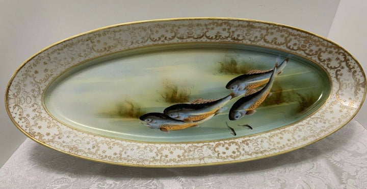 Nippon FISH PLATTER Hand Painted Morimura Bros 23" Gold Beaded Rim Antique Oval