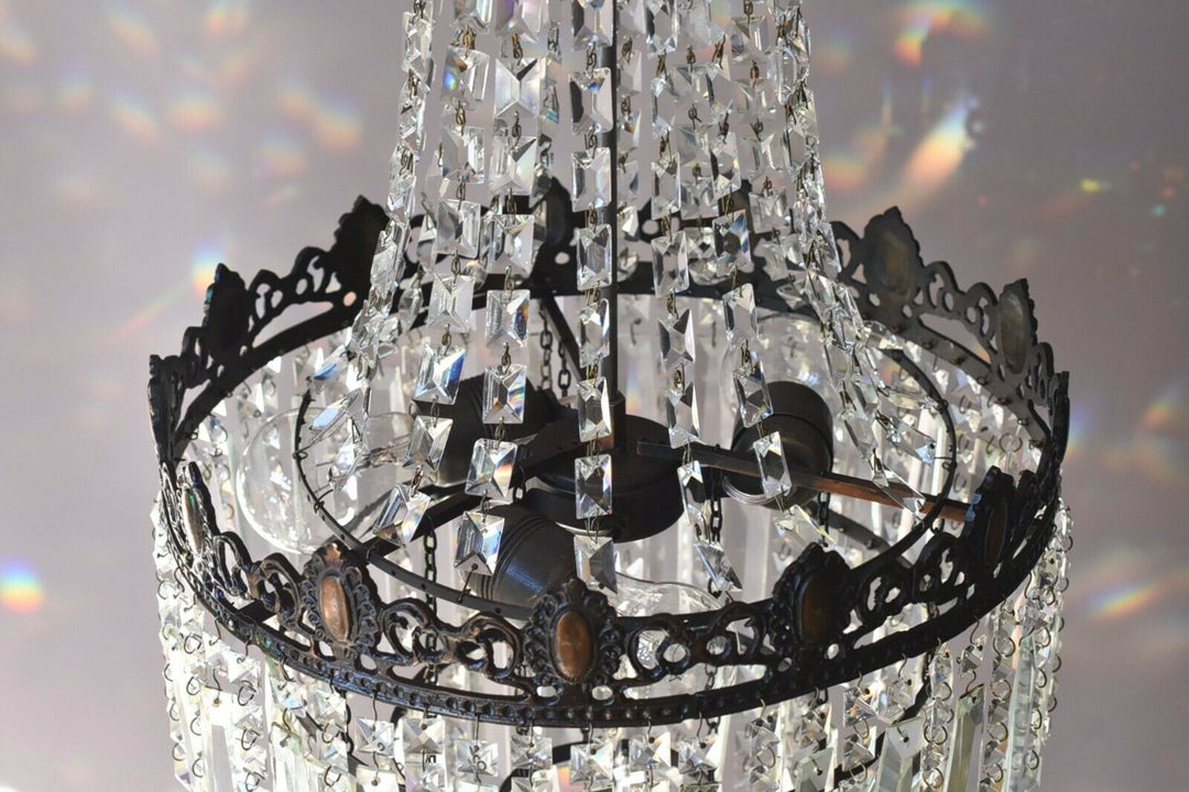 Tall French Empire Purse Crystal Chandelier Antique Vintage Light Pendant Lamp