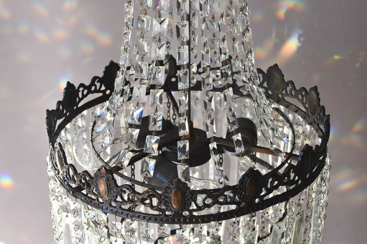 Tall French Empire Purse Crystal Chandelier Antique Vintage Light Pendant Lamp