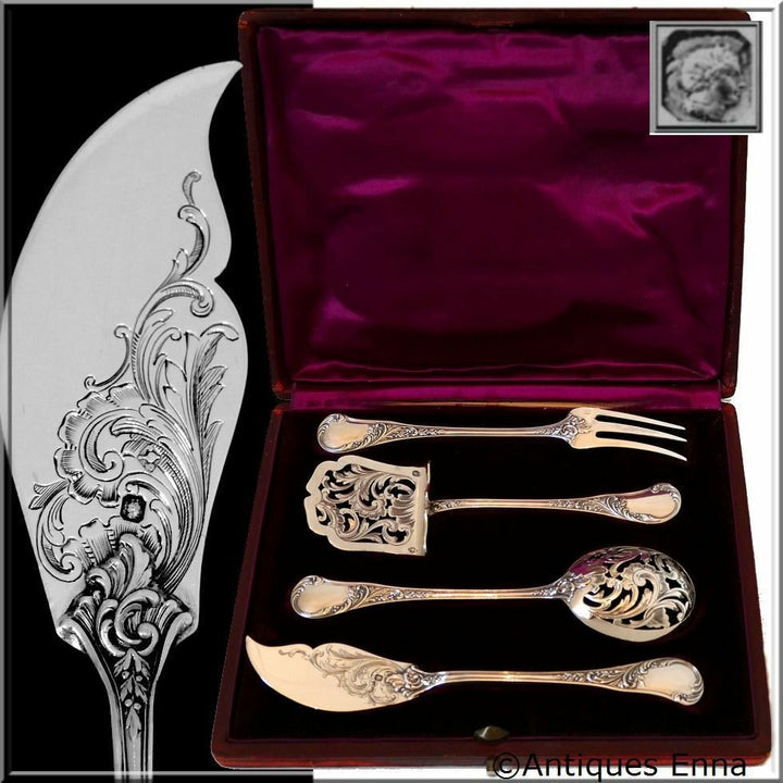 Queille French All Sterling Silver Dessert Hors D'oeuvre Set 4 pc w/box Rococo