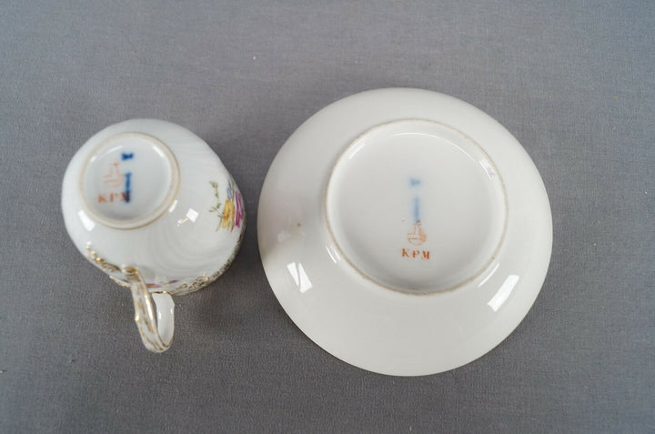 KPM Berlin Hand Painted Floral & Gold Demitasse Cup & Saucer Circa 1870 - 1945