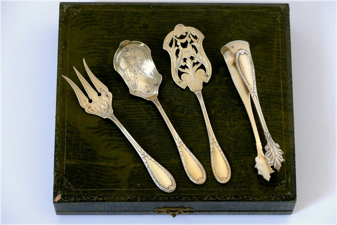 Lapparra French All Sterling Silver 18k Gold Dessert Hors d'Oeuvre 4 pc w/box