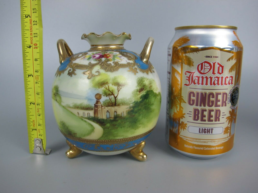 Pair of superb antique vtg Noritake rotund Vases / Urns. Hand painted blue c1910