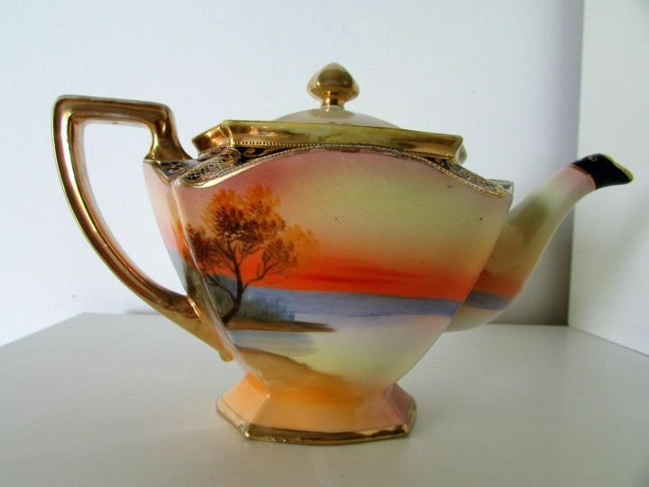 ANTIQUE NORITAKE JAPAN ART DECO CHINA PORCELAIN GILDED SCENIC PAINTED TEA POT
