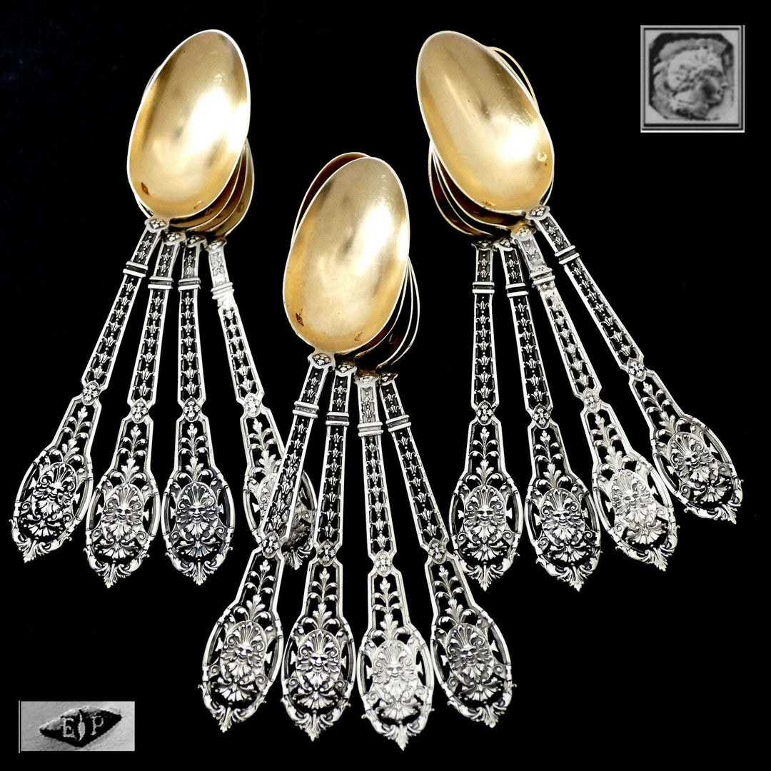 Puiforcat Masterpiece French Sterling Silver 18k Gold Dessert Set 15 pc Mascaron
