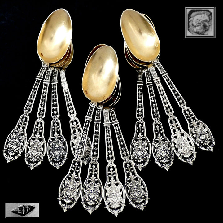 Puiforcat Masterpiece French Sterling Silver 18k Gold Dessert Set 15 pc Mascaron