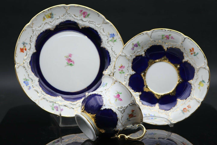 マイセンBフォームコーヒーセット、コバルトブルー、花に金彩