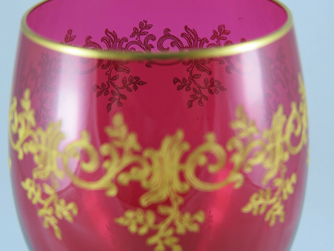 FINE FRENCH Baccarat RUBY GLASS SET OF 6 WINE GOBLET w/ GOLD, Recamier PATTERN