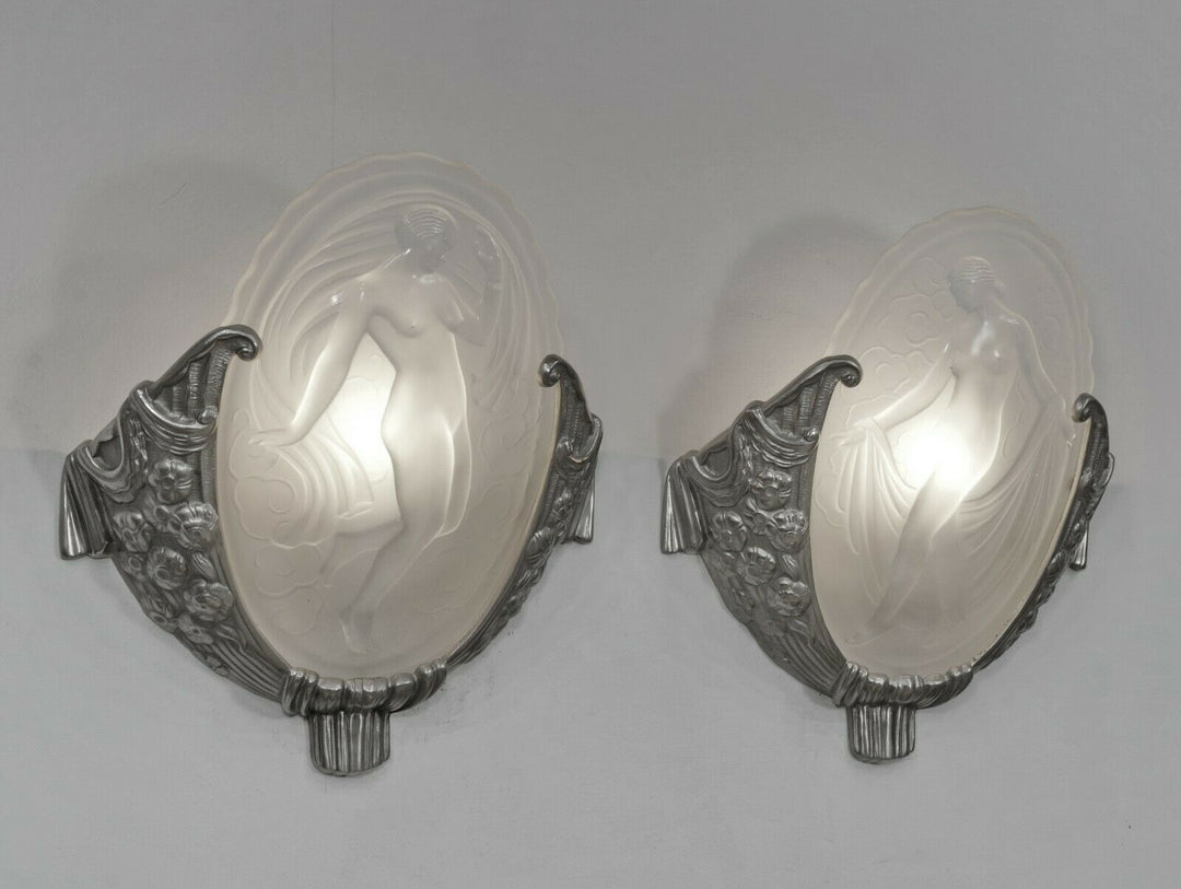 MULLER FRÈRES : pair of French 1930 art deco wall sconces LES MUSES ..... France