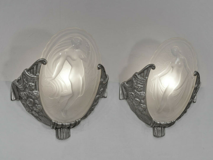 MULLER FRÈRES : pair of French 1930 art deco wall sconces LES MUSES ..... France