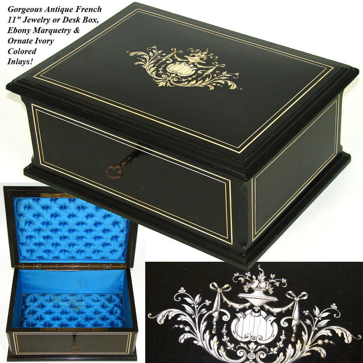 Elegant Antique French 11" Jewelry or Desk Box, Ebony Marquetry & Ornate Inlay
