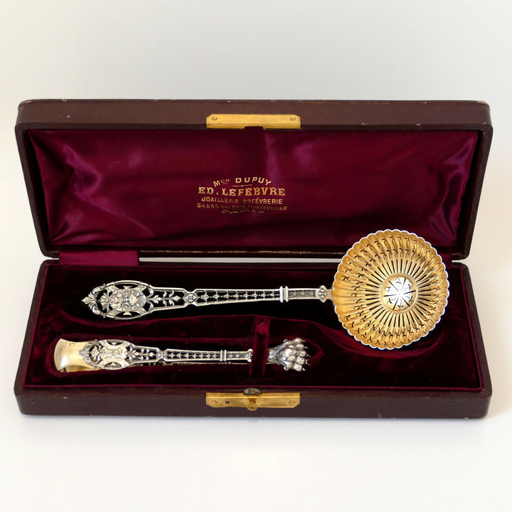 Puiforcat French Sterling Silver Sugar Sifter Spoon & Sugar Tongs, Box, Mascaron
