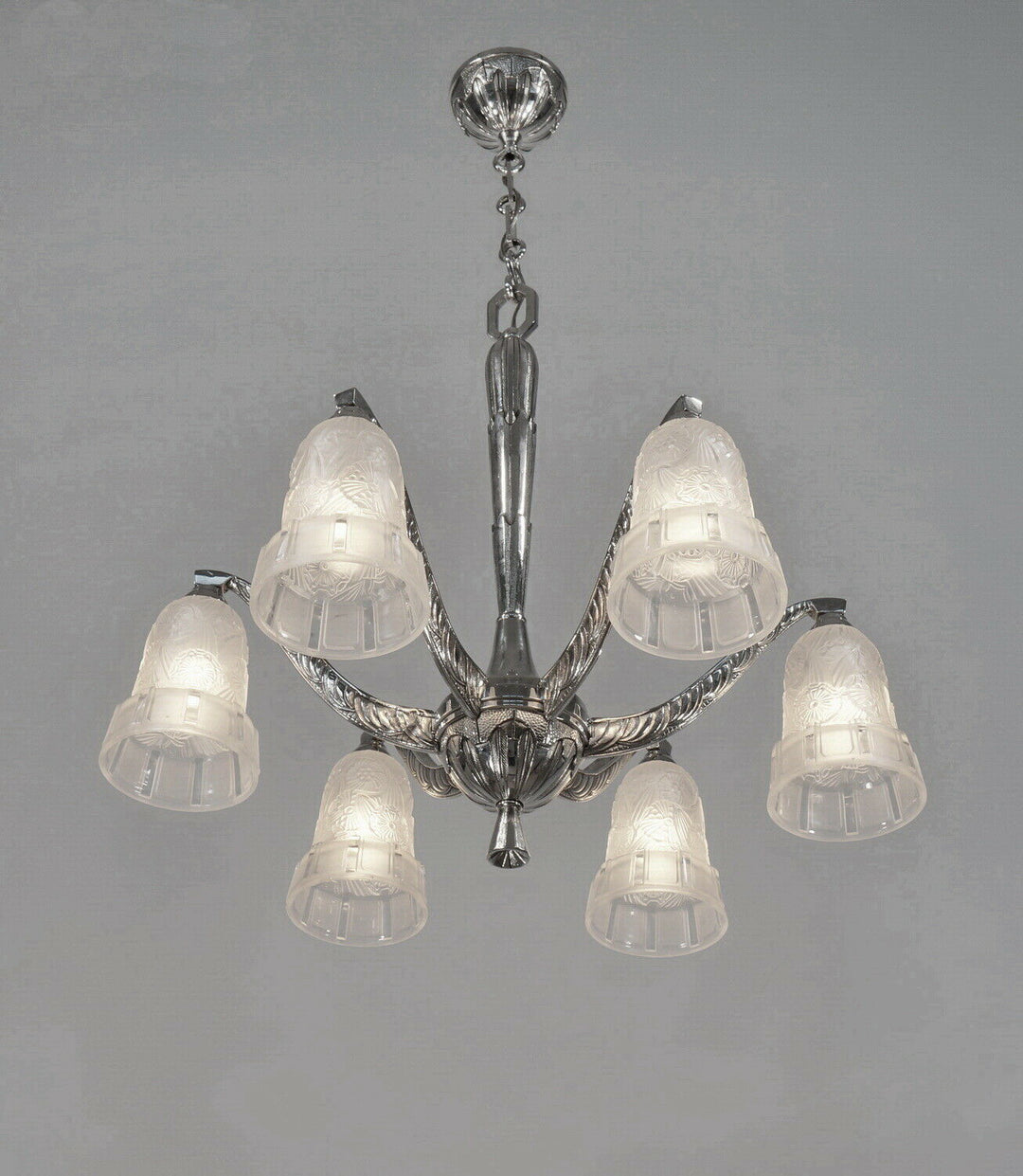 HETTIER & VINCENT : 1930 french art deco chandelier in nickel plated bronze