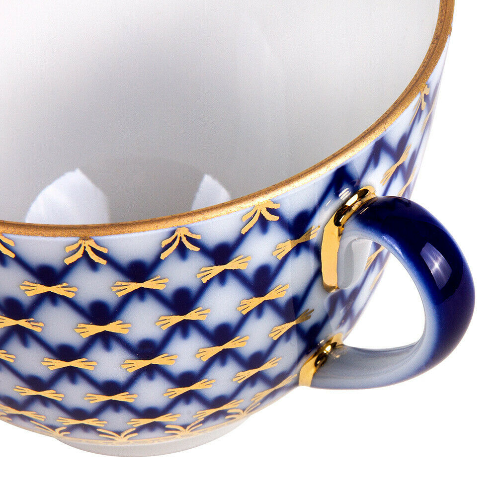 Cobalt Net Porcelain Teacup and Saucer, Imperial Porcelain Russia, 230 ml LFZ